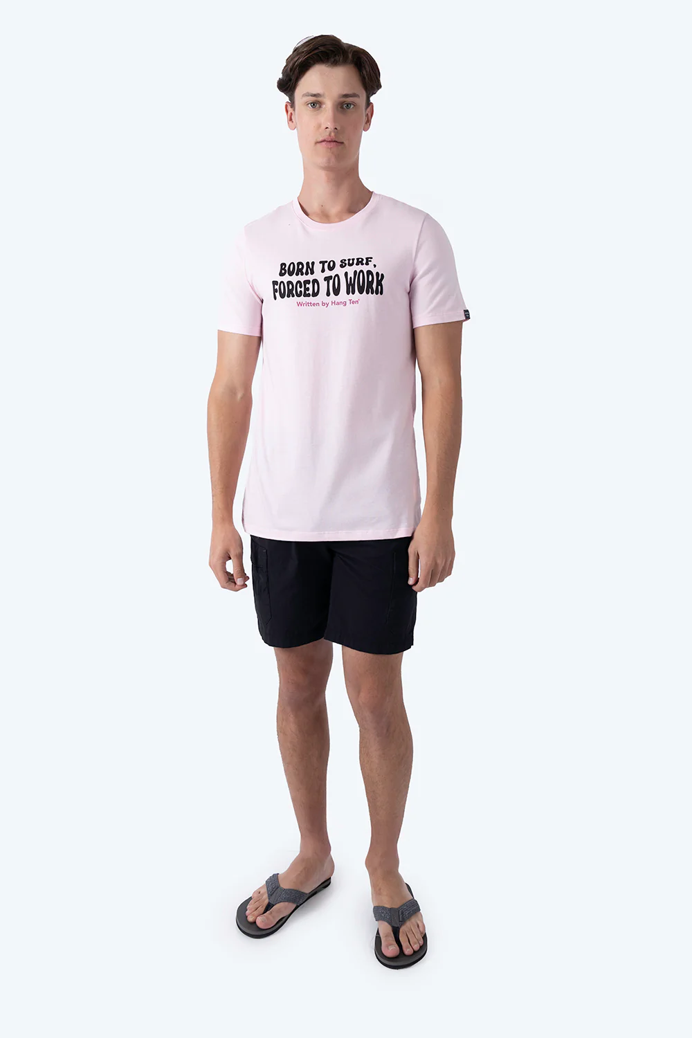 T-shirt rosa claro "Born to surf, forced to work" - Imagen 4